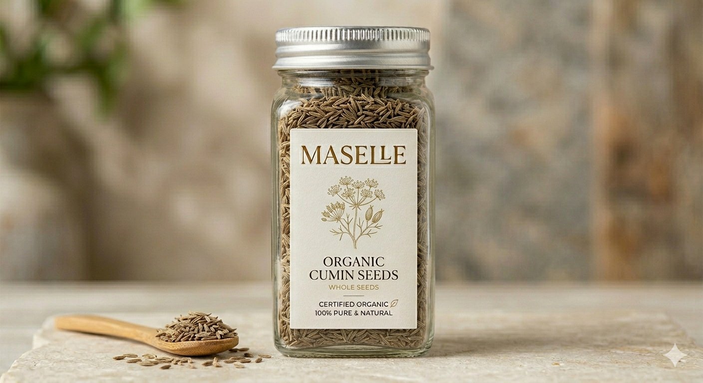 Maselle Organic Cumin Seeds jar