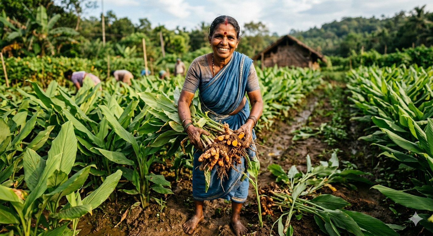 Turmeric farmer harvesting fresh roots in Kerala, India